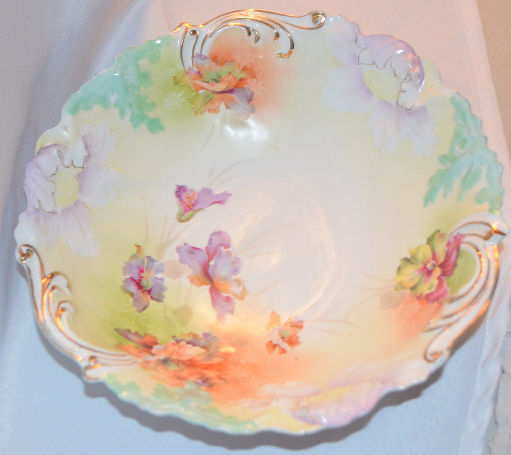 RS PRUSSIA Porcelain BOWL Steeple Mold 3 Purple Clematis Pansies Gold Highlights
