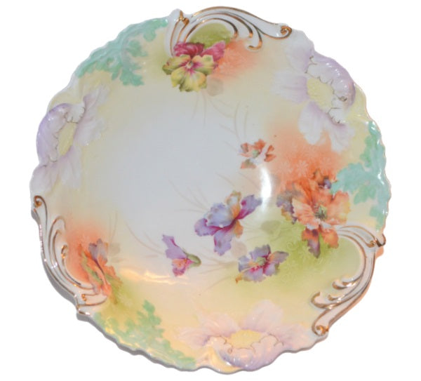 RS PRUSSIA Porcelain BOWL Steeple Mold 3 Purple Clematis Pansies Gold Highlights