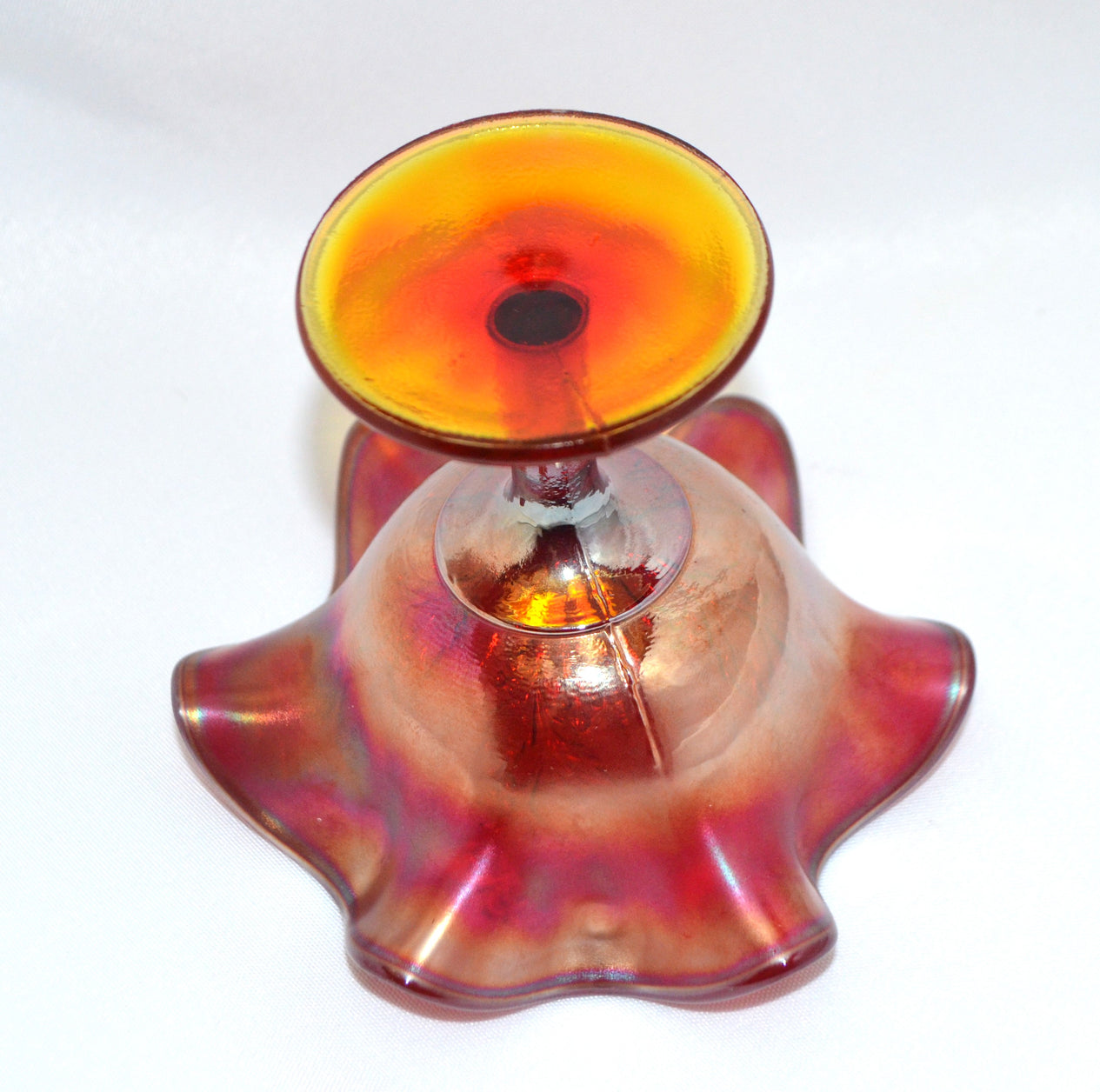 Rare Fenton Amberina Red Carnival Glass Compote Vase w/ Holly Decoration & Yellow Stem