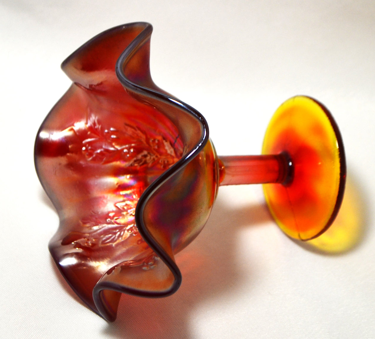 Rare Fenton Amberina Red Carnival Glass Compote Vase w/ Holly Decoration & Yellow Stem