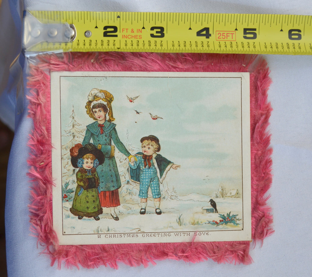 Antique Silk Fringe Christmas Card Mother with Children 1890's Double Sided