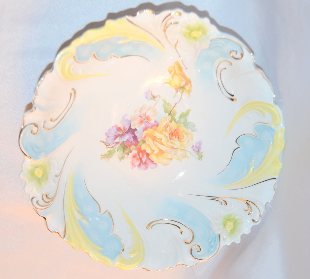 RS PRUSSIA BOWL Stylized Daisy Floral Swirl Rim Multi Color Roses & Flowers