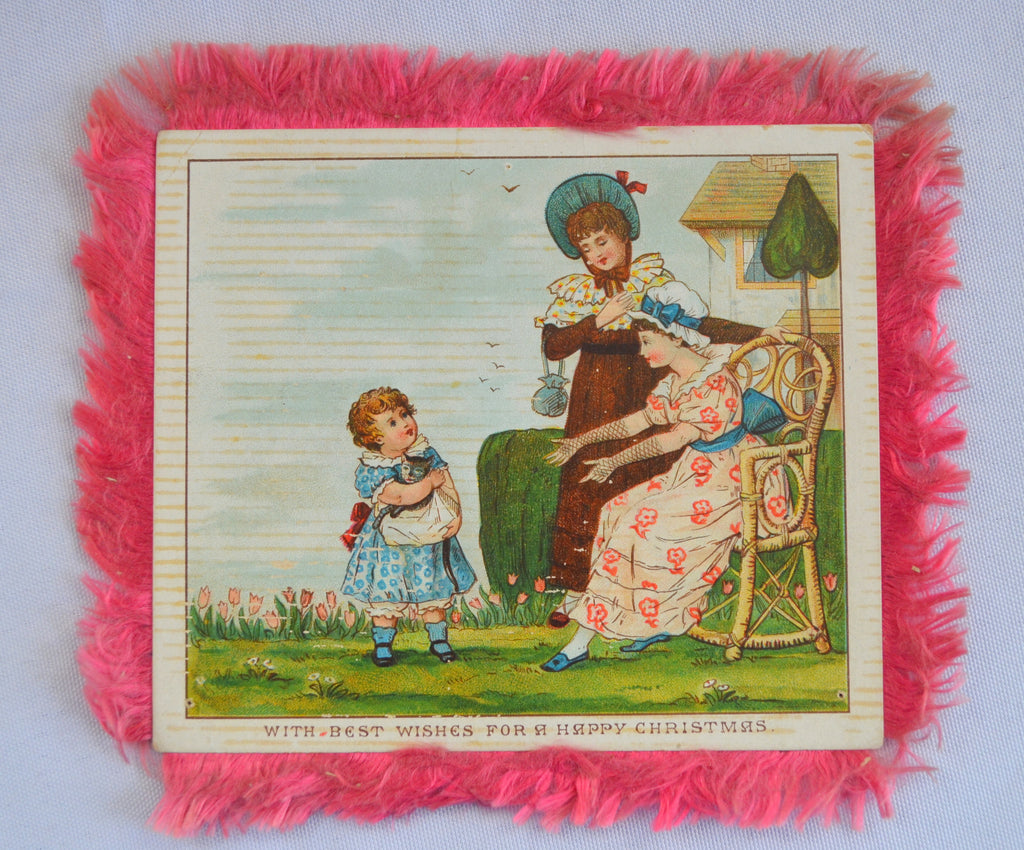 Antique Silk Fringe Christmas Card Mother with Children 1890's Double Sided