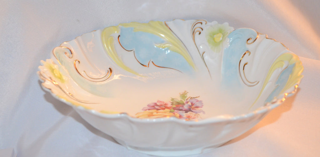 RS PRUSSIA BOWL Stylized Daisy Floral Swirl Rim Multi Color Roses & Flowers