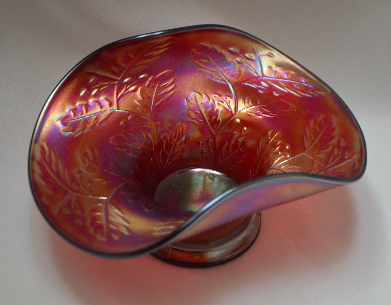 Fenton Red Carnival Glass Hat Vase w/ Holly Decoration