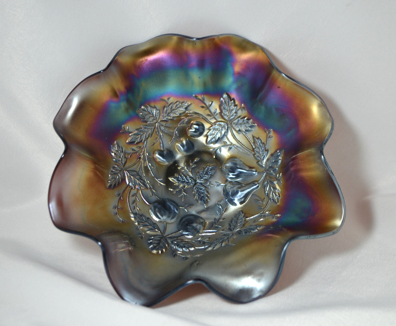 Northwood Amethyst Carnival Glass Three Fruits Medallion & Grapes Leaves Exterior Dome Base
