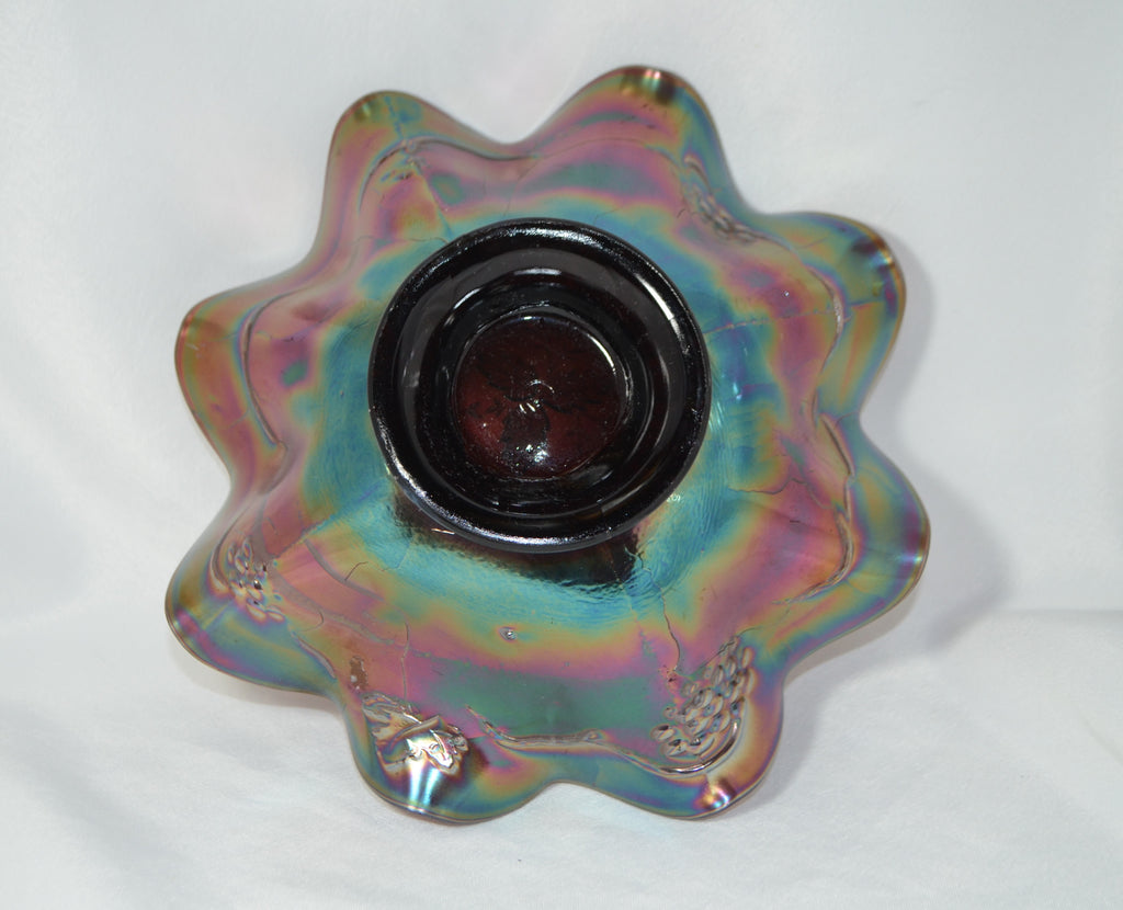 Northwood Amethyst Carnival Glass Three Fruits Medallion & Grapes Leaves Exterior Dome Base