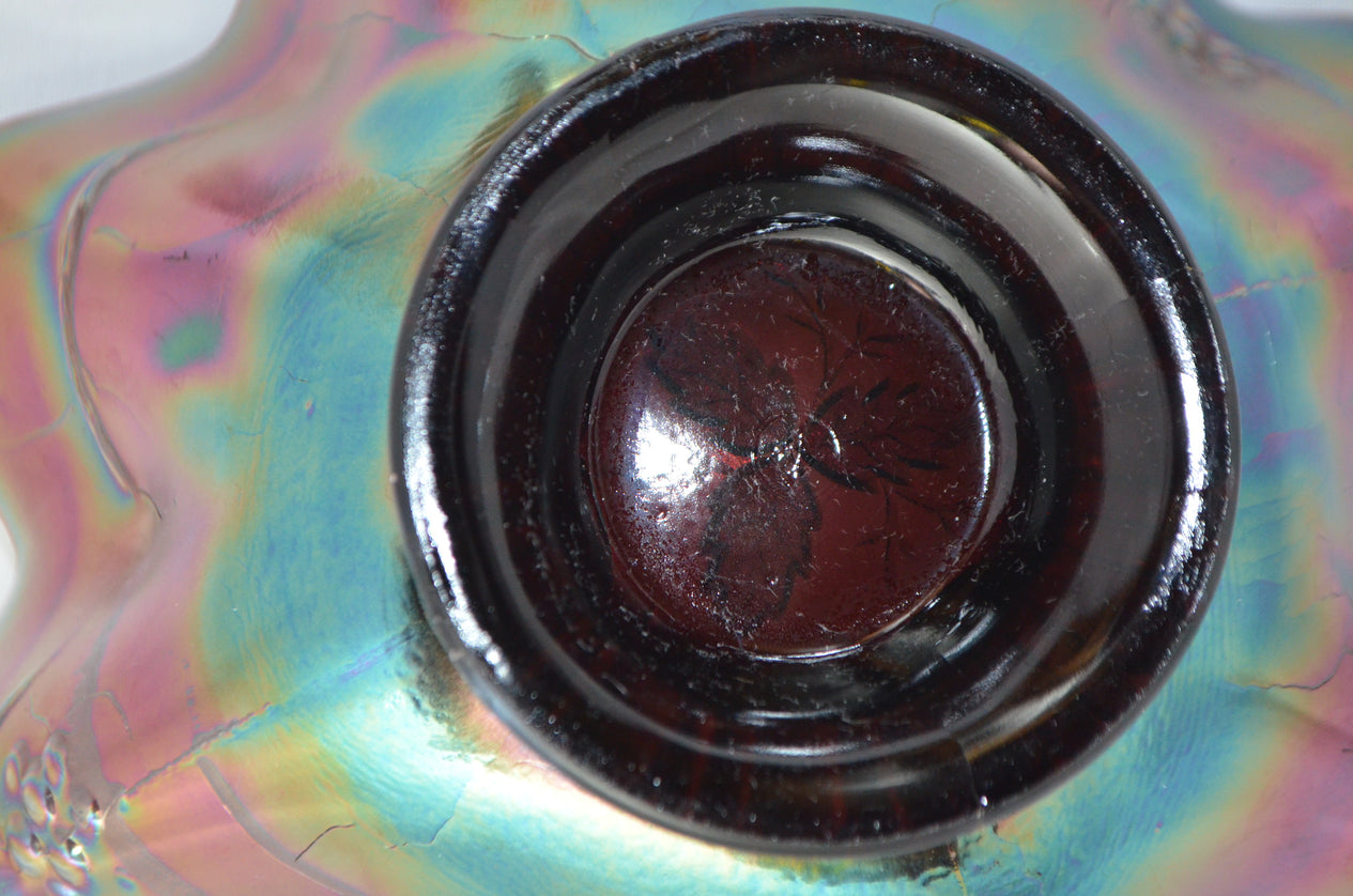 Northwood Amethyst Carnival Glass Three Fruits Medallion & Grapes Leaves Exterior Dome Base