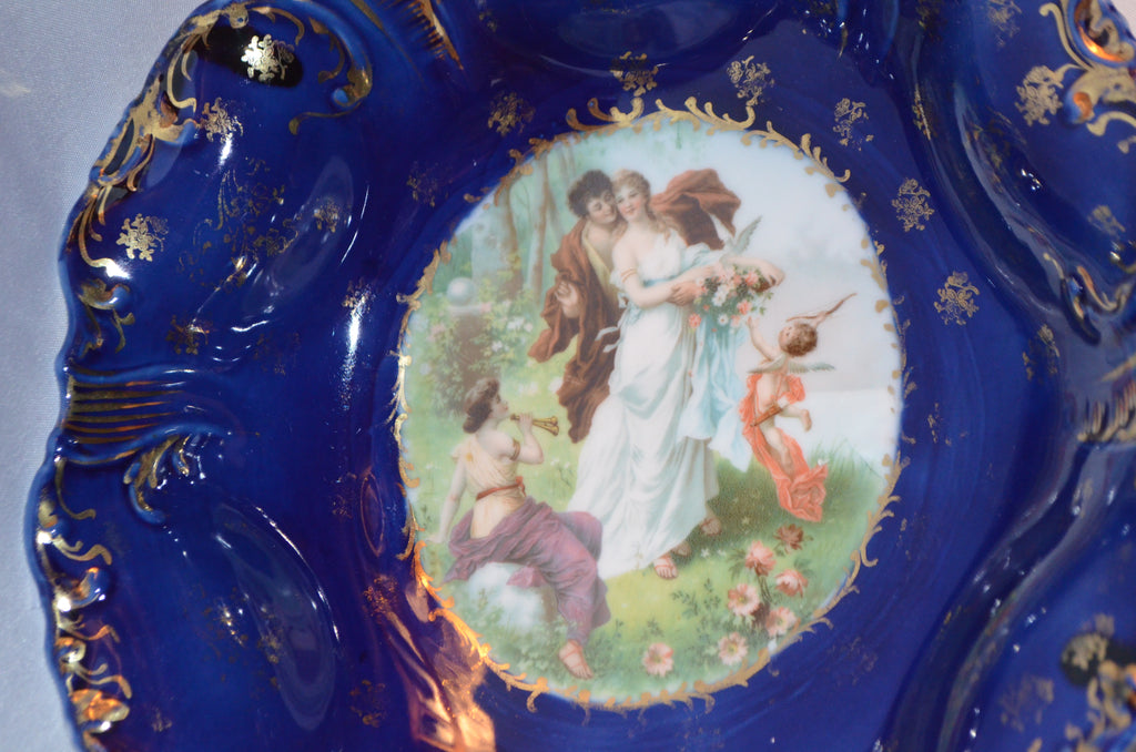 Antique German Porcelain Cobalt Blue Bowl with Allegorical Scene of Maiden with Cupid
