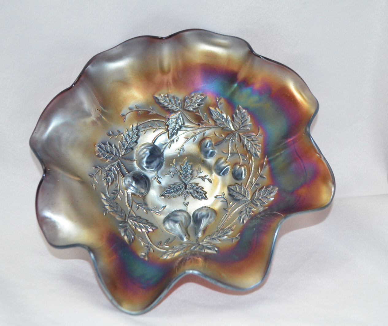 Northwood Amethyst Carnival Glass Three Fruits Medallion & Grapes Leaves Exterior Dome Base