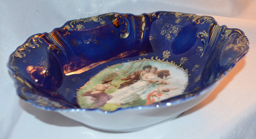 Antique German Porcelain Cobalt Blue Bowl with Allegorical Scene of Maiden with Cupid