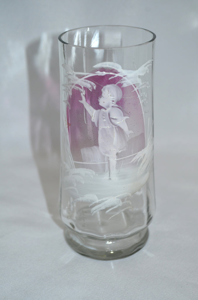 Mary Gregory Clear to Cranberry Antique Hand Painted Enamel Girl Drinking Glass Tumbler Cup