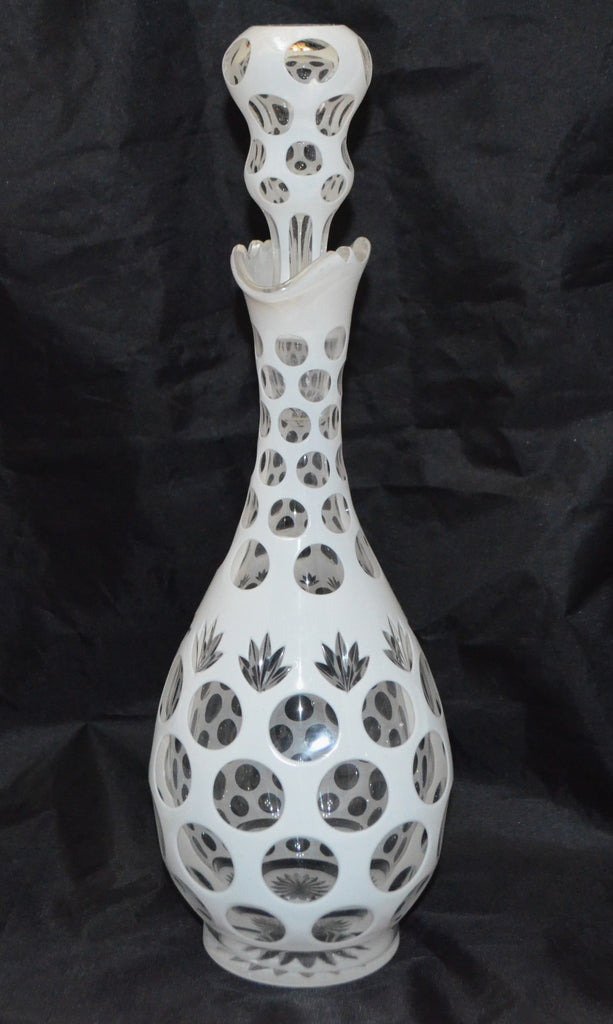 19th c. Bohemian Glass Decanter White Opaline Enamel Cut to Clear Punty & Leaf w/ Rare Scalloped Neck