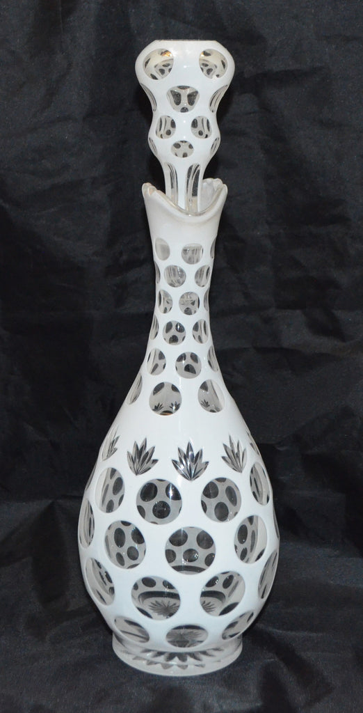 19th c. Bohemian Glass Decanter White Opaline Enamel Cut to Clear Punty & Leaf w/ Rare Scalloped Neck
