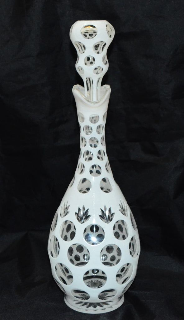 19th c. Bohemian Glass Decanter White Opaline Enamel Cut to Clear Punty & Leaf w/ Rare Scalloped Neck