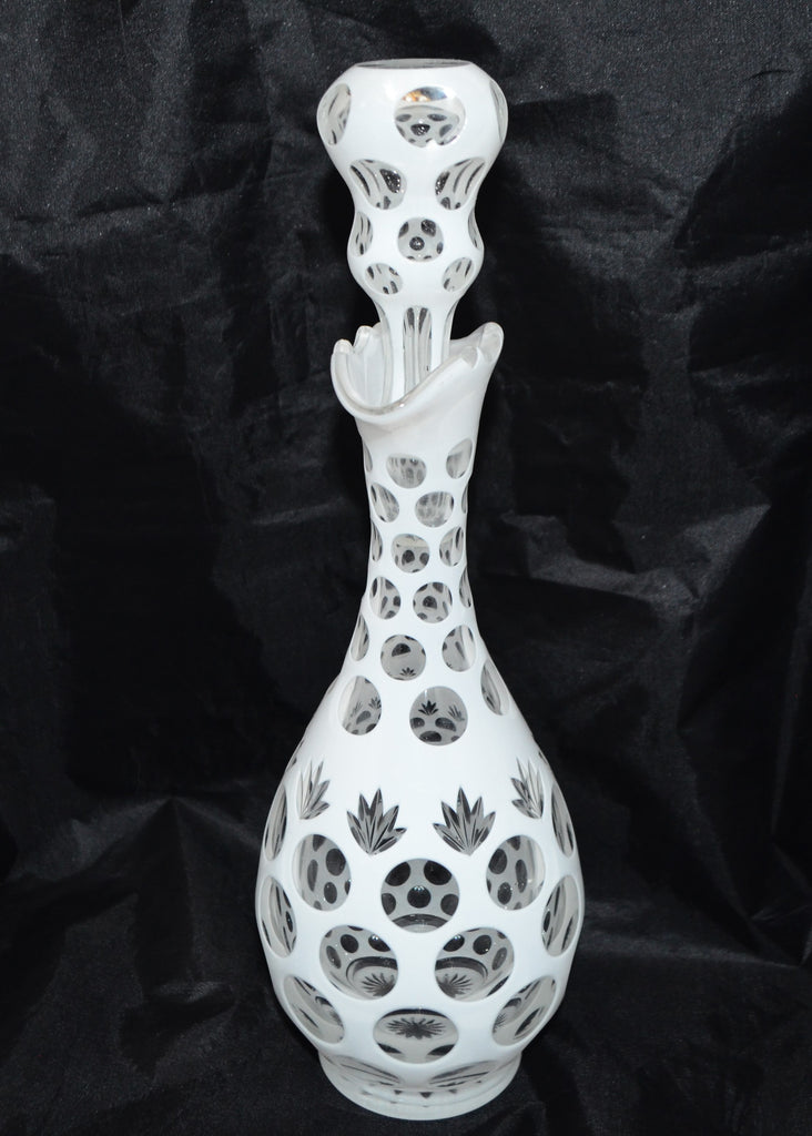 19th c. Bohemian Glass Decanter White Opaline Enamel Cut to Clear Punty & Leaf w/ Rare Scalloped Neck