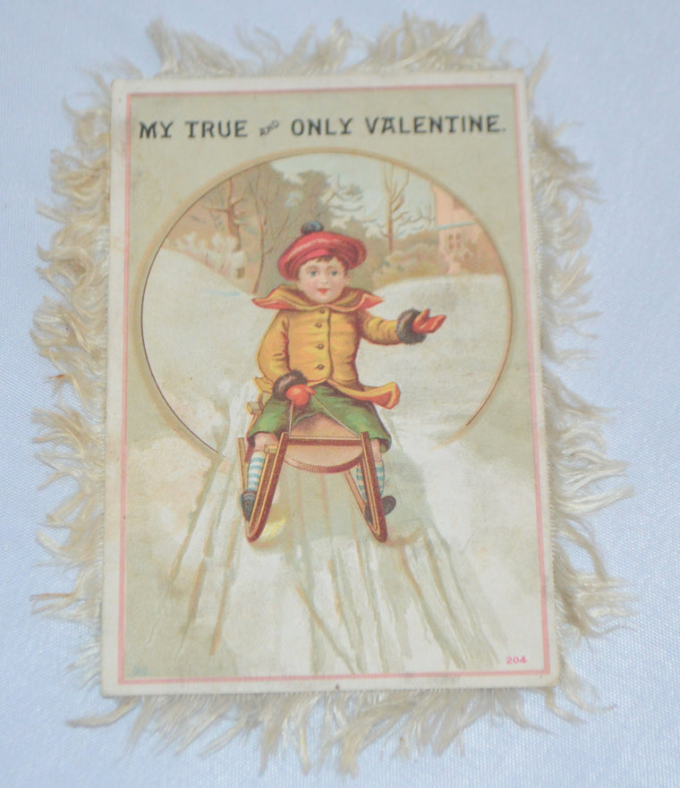 Silk Fringe Valentine Card Double Sided Child Sledding Girl in Flower Field