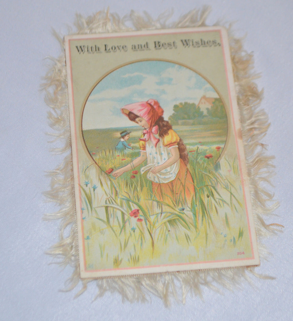 Silk Fringe Valentine Card Double Sided Child Sledding Girl in Flower Field