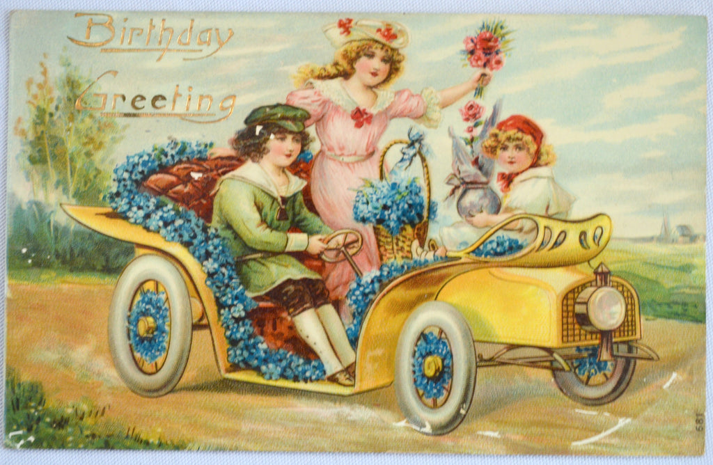 Birthday Postcard Children in Car Covered in Flowers Gold Embossing Gel Finish