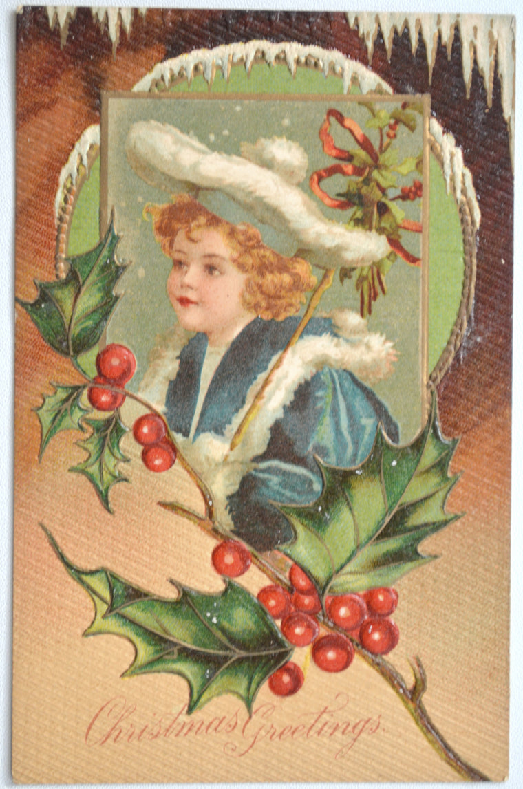 Christmas Postcard Ellen Clapsaddle Child Snow Border