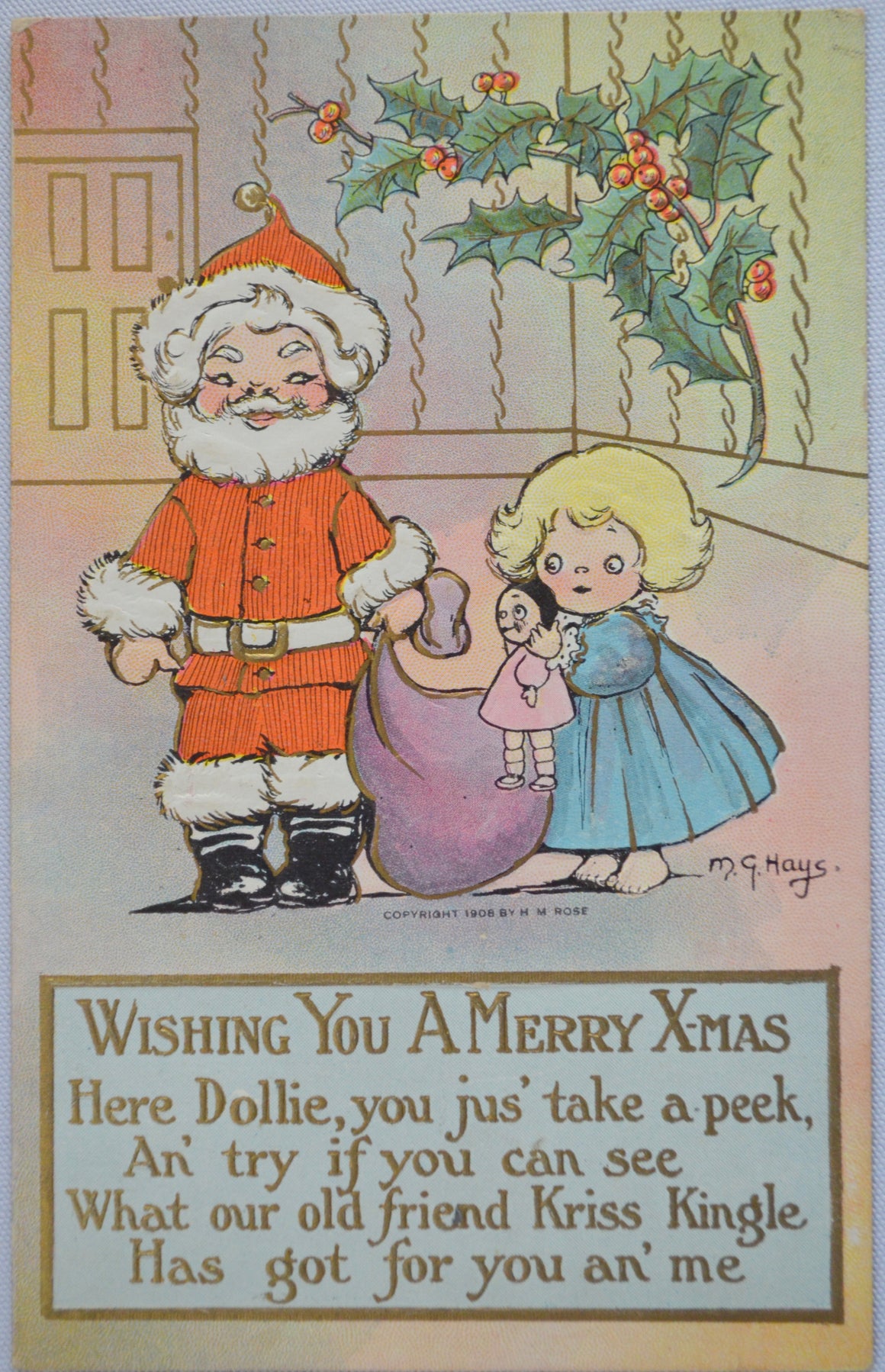Christmas Postcard Santa Claus Little Girl Artist Signed M. G. Hays
