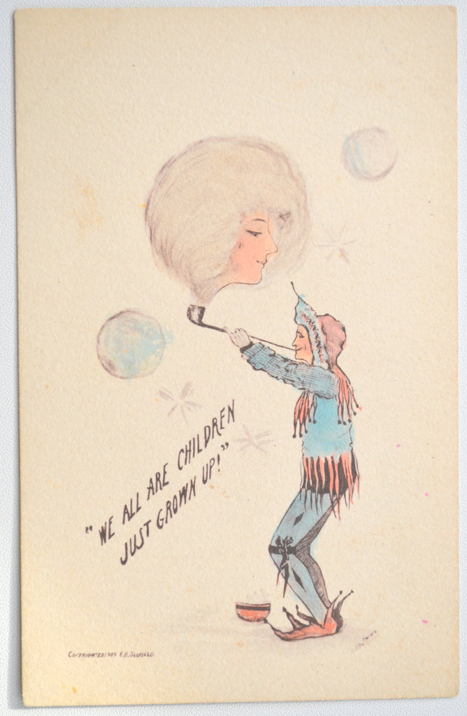 Artist Postcard Cobb Shinn Man as Jester Blowing Pipe Smoke of Beautiful Woman