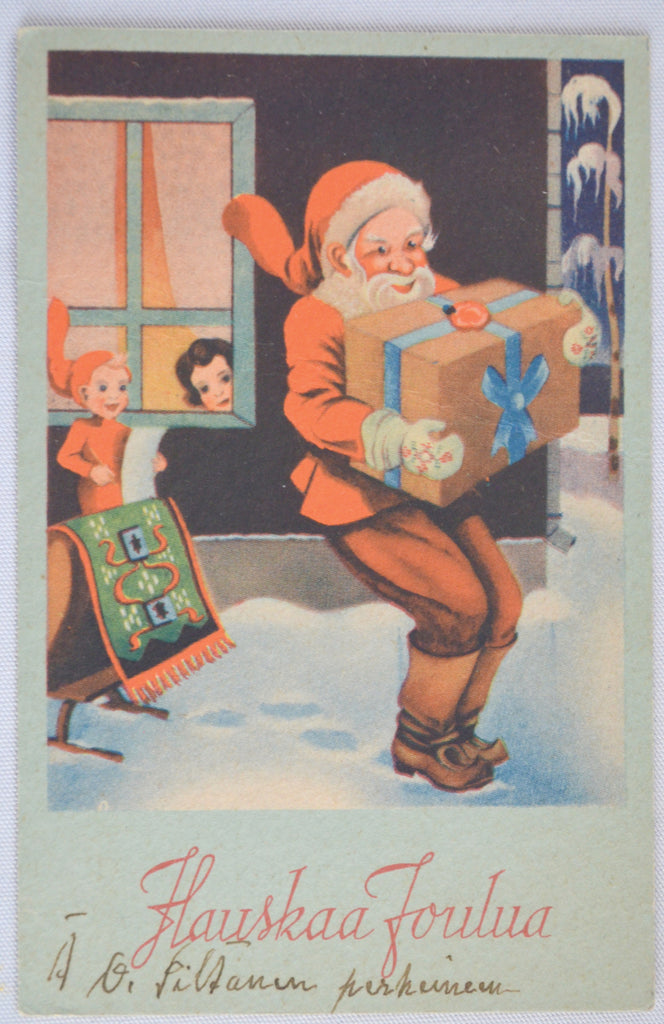 Christmas Postcard Santa Claus Finnish Hauskaa Joulua Merry Christmas St Nick Loading Sleigh Mid Century