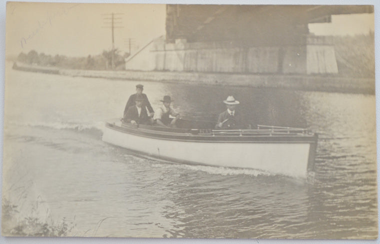 Real Photo Postcard RPPC Dated 1895 Weedsport NY Four Men On Erie Canal in Small Boat Cayuga County Early Americana Card