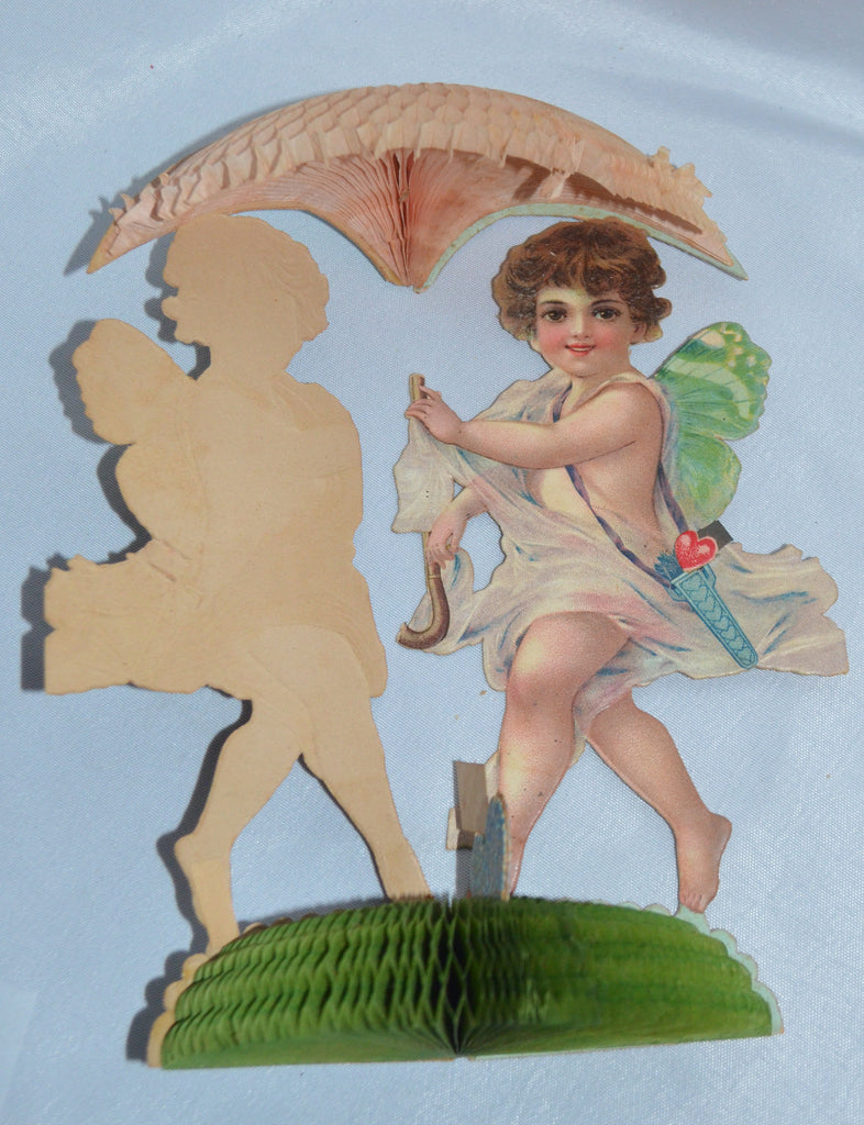 Valentine Die Cut Card Design by Brundage Stand Up 3D Honeycomb Cupid Angel Standing w/ Umbrella