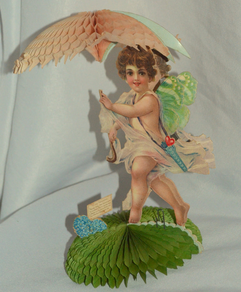 Valentine Die Cut Card Design by Brundage Stand Up 3D Honeycomb Cupid Angel Standing w/ Umbrella