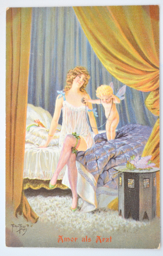Art Deco Postcard Artist Signed Woman w/ Angel