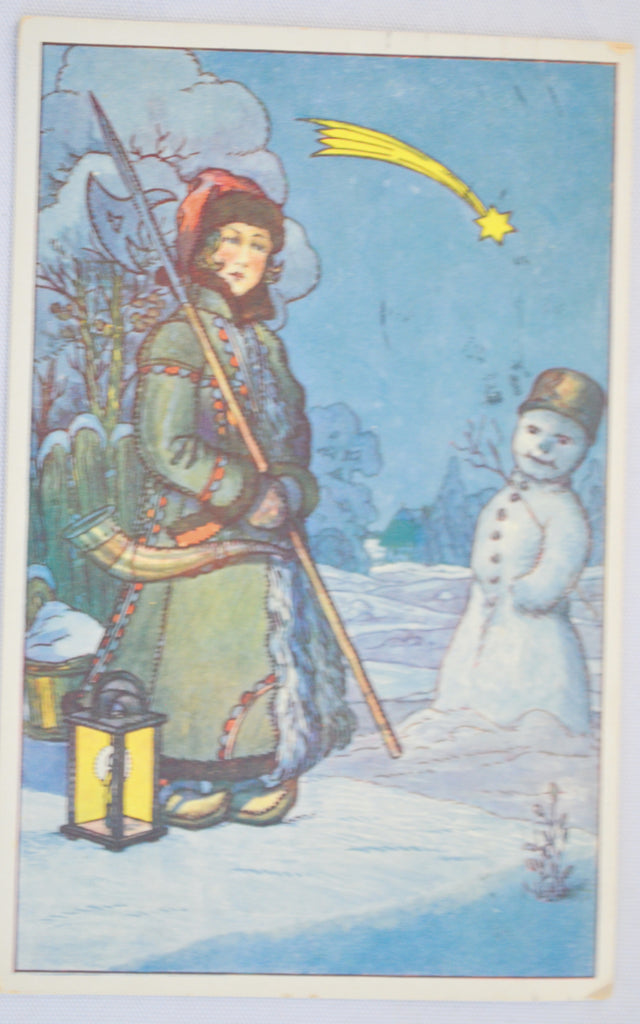Christmas Postcard Snowman with Child Holding Sickle Falling Star Rare Russian Holiday Card