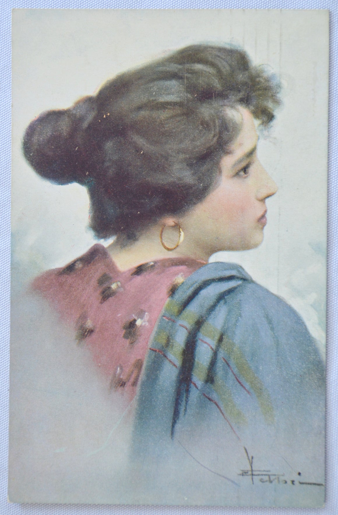 Artist Postcard Woman in Shawl Signed French Card Series 1995