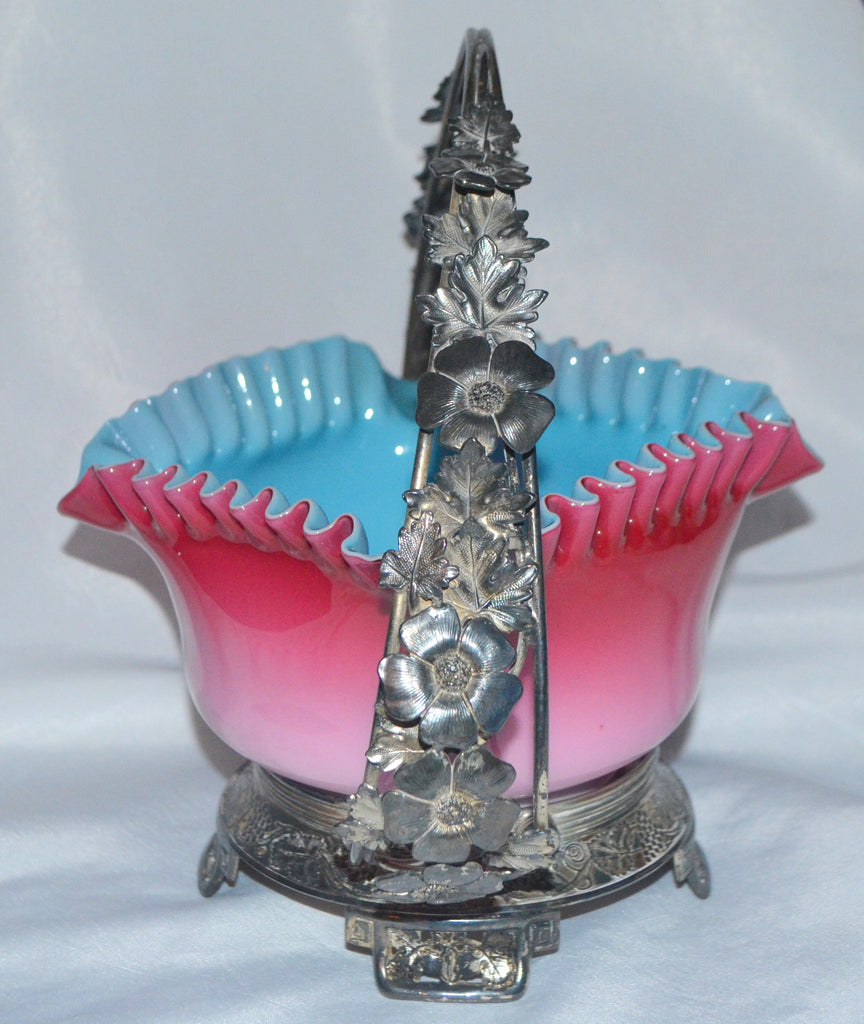Victorian Peachblow Cased Art Glass Bowl Pairpoint Figural Silver Plate Bride's Basket