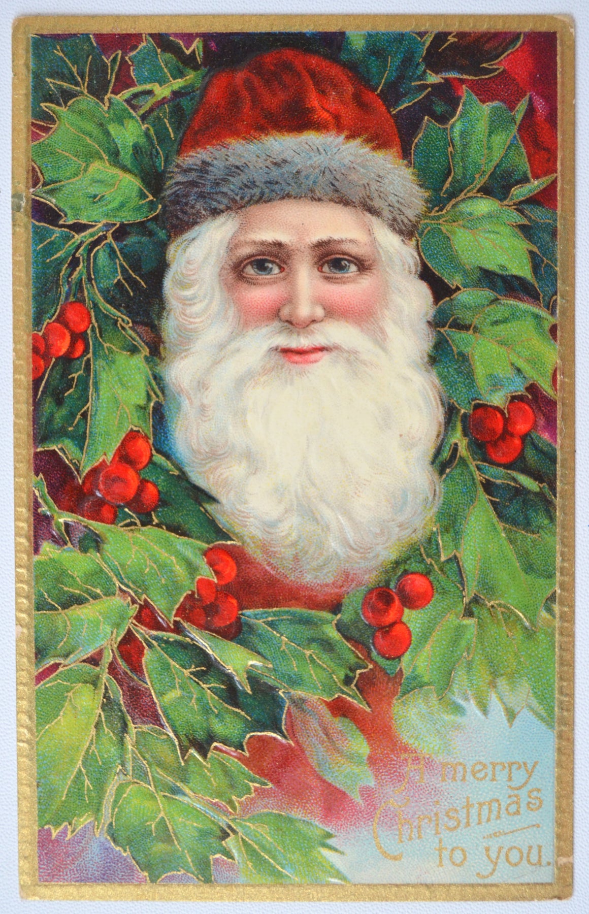 Christmas Postcard Santa Claus Red Suit Holly Plants Series 1480 Germany Embossed Gel Card Gold Embellished