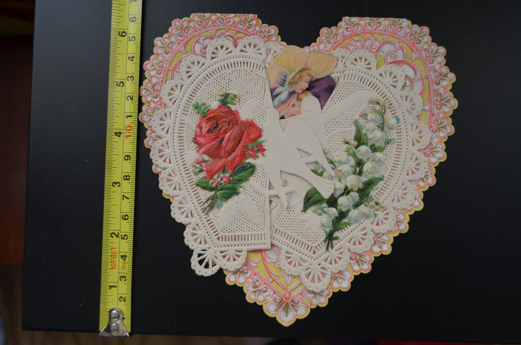 Antique Die Cut Valentine Card Heart Shaped Dresden Lace Paper Fold Open Doves Flower Face Children