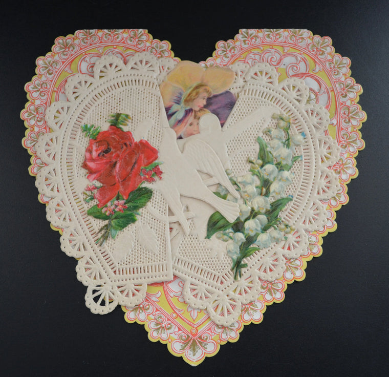 Antique Die Cut Valentine Card Heart Shaped Dresden Lace Paper Fold Open Doves Flower Face Children