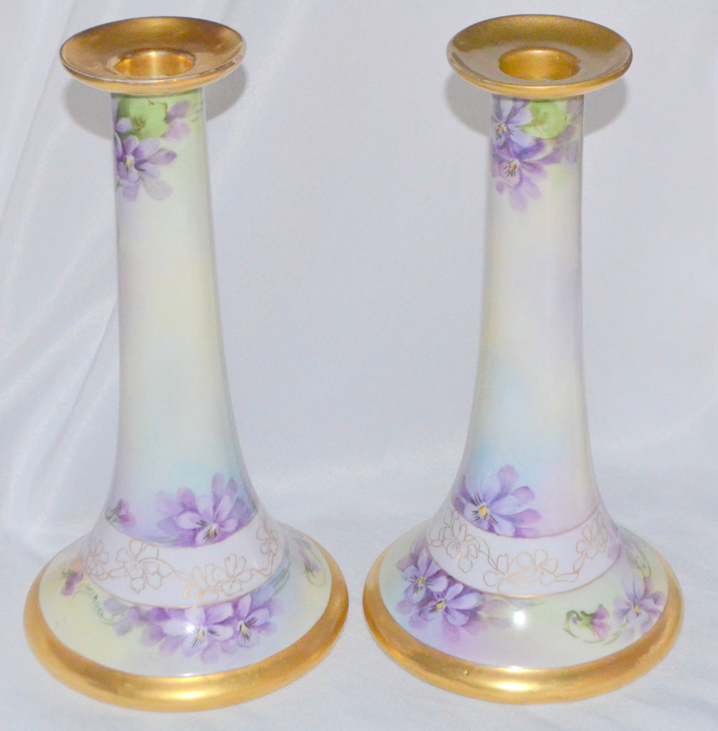 Porcelain Candlesticks Hand Painted Violets Artist Minnie Perl