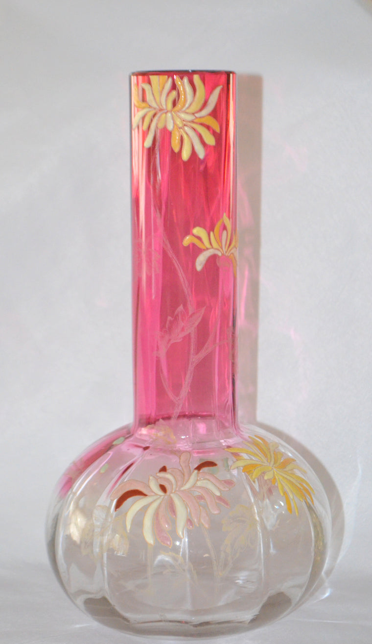 French Legras St Denis Chrysanthemum Large Glass Vase