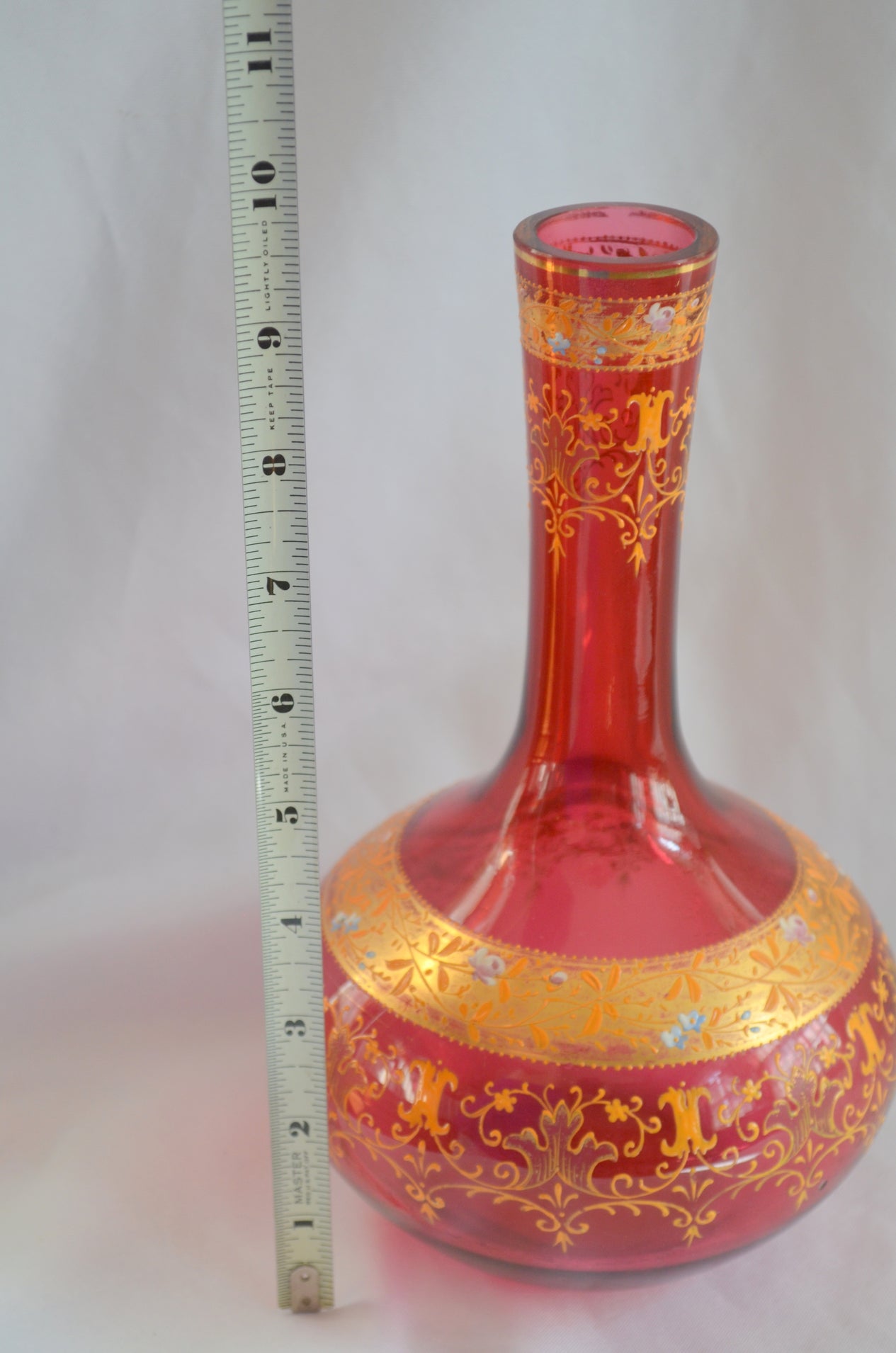 Moser Art Glass Vase Cranberry Gold & Raised Enamel Bohemian 1800s Victorian Period Glass