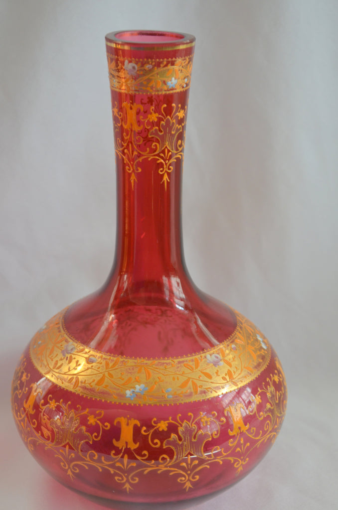 Moser Art Glass Vase Cranberry Gold & Raised Enamel Bohemian 1800s Victorian Period Glass
