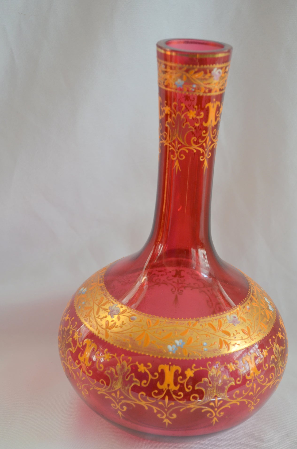 Moser Art Glass Vase Cranberry Gold & Raised Enamel Bohemian 1800s Victorian Period Glass