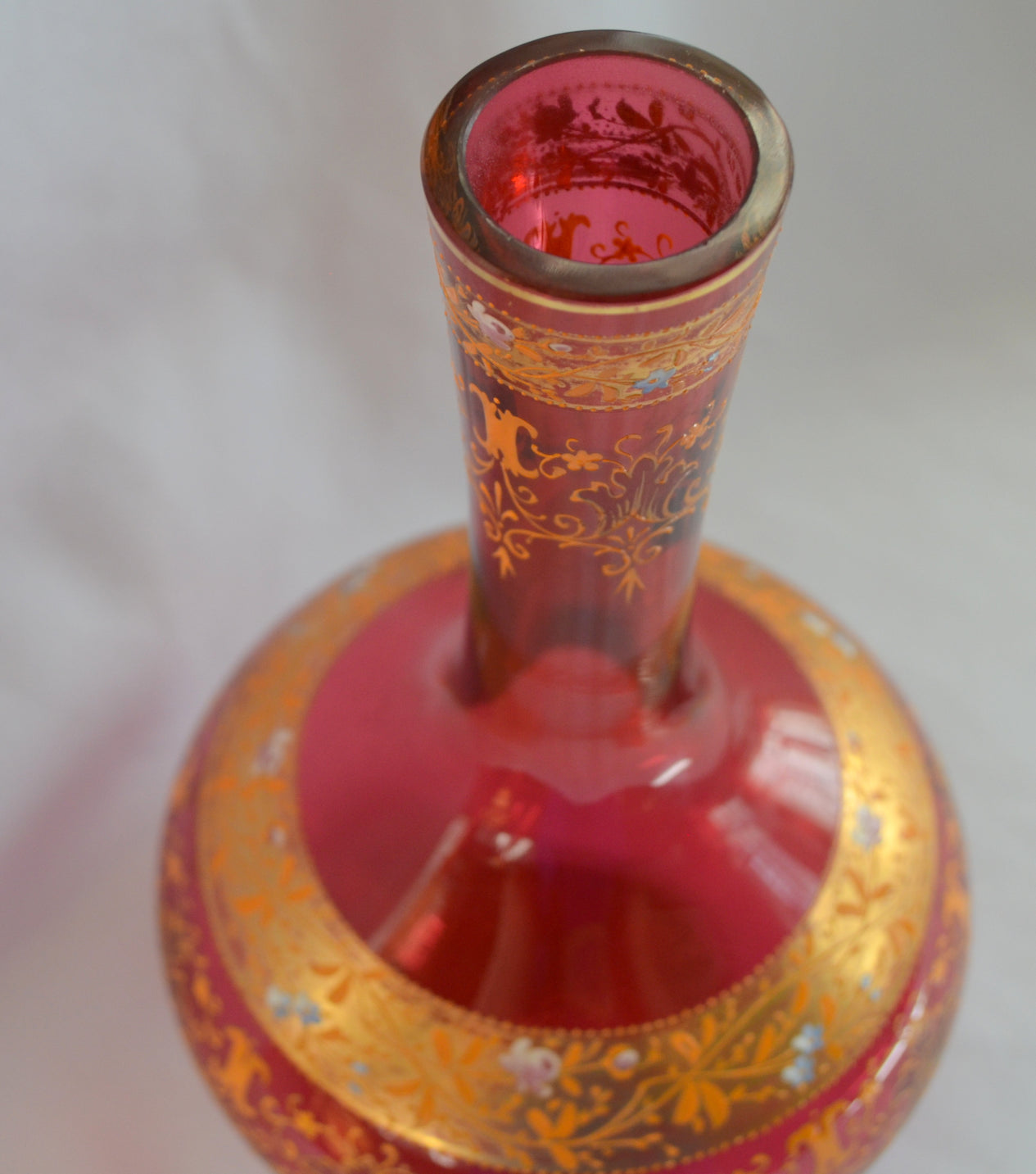 Moser Art Glass Vase Cranberry Gold & Raised Enamel Bohemian 1800s Victorian Period Glass