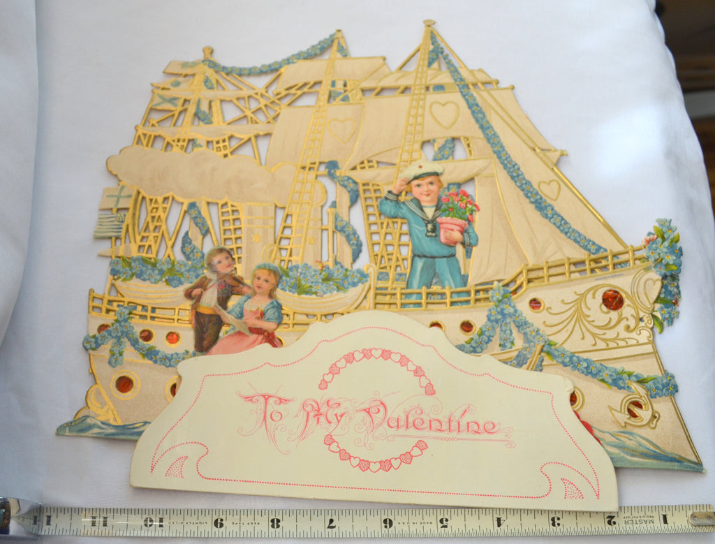 Valentine Die Cut 3D Card Ship Sailor Children Boat with Flowers & Swans Honeycomb Puff
