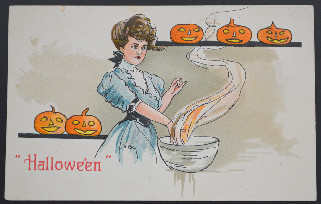 Halloween Postcard Series 2215 Woman with JOL Pumpkins HBG Artist Griggs