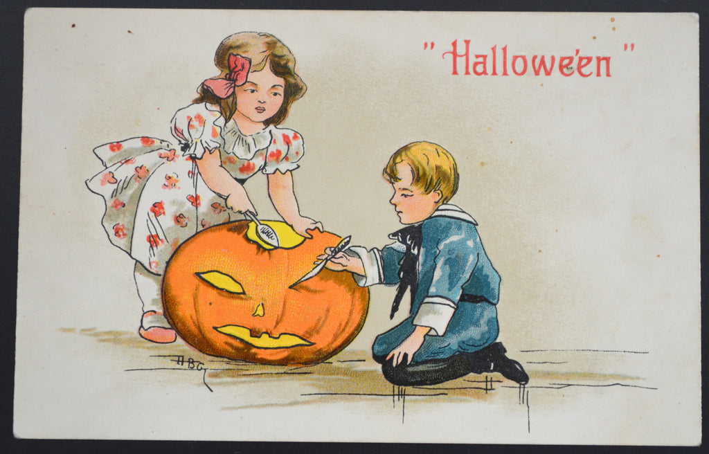 Halloween Postcard HBG Griggs Artist Card Series 2214 Children Carving JOL Pumpkin