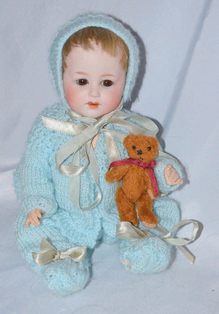 Rare Antique German Bisque Character Baby Doll 10532 Gebruder Heubach 11" Jointed Child Holding German Mohair Miniature Bear