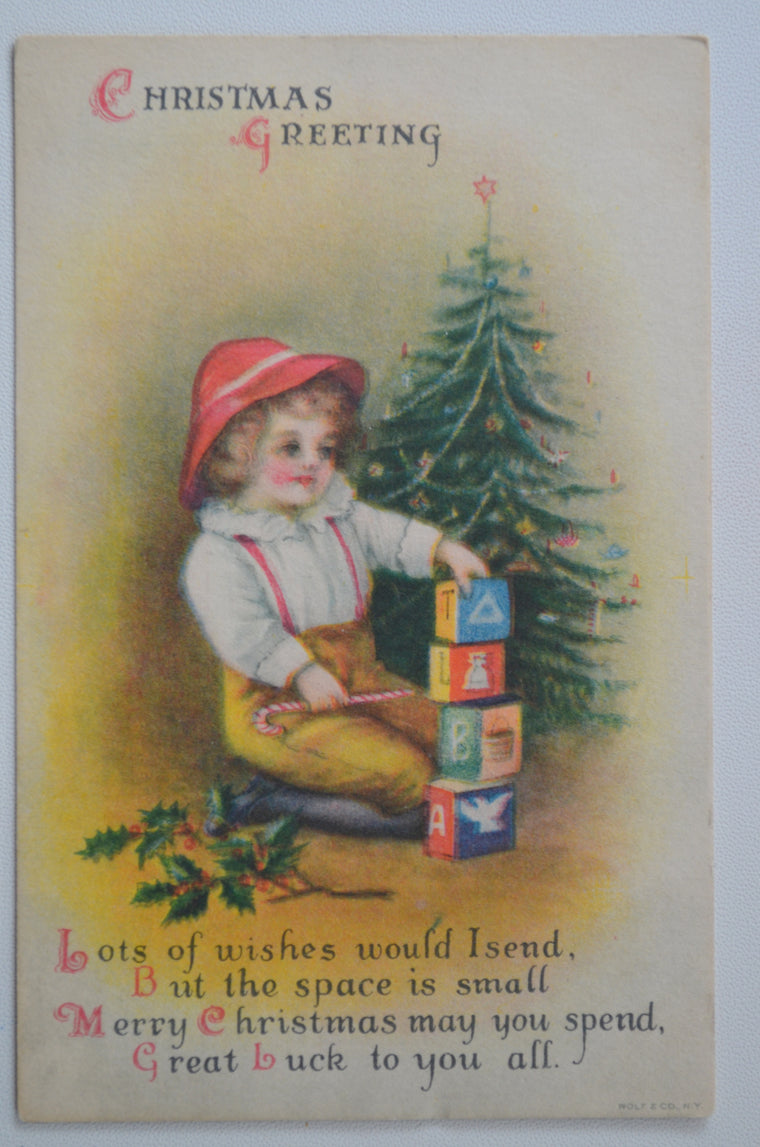 Christmas Postcard Ellen Clapsaddle Boy with Blocks Near Tree Wolf Publishing