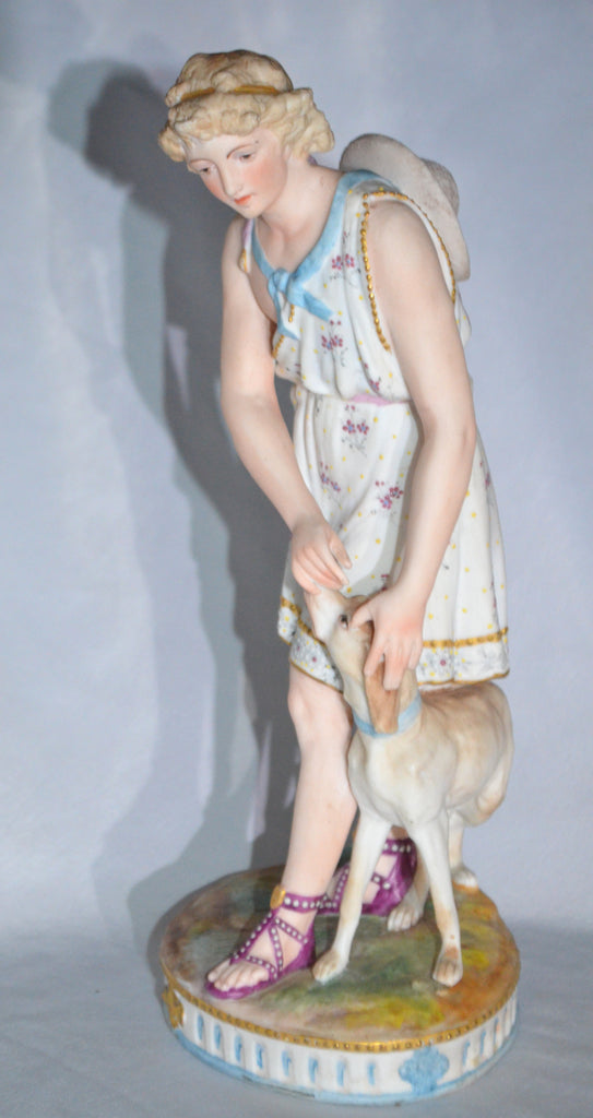 Old Paris French Bisque Sculpture Man and Dog Hand Painted Biscuit Porcelain 12" T Early Embossed Mark