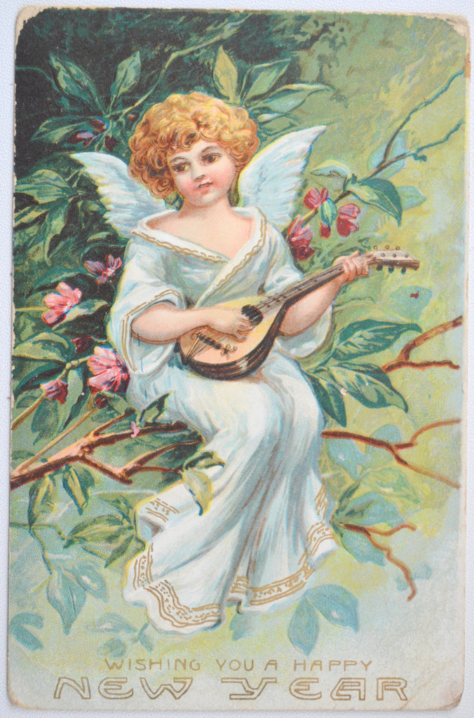 New Year Postcard Early Frances Brundage Angel Playing Mandolin in Tree Embossed Printed in Germany